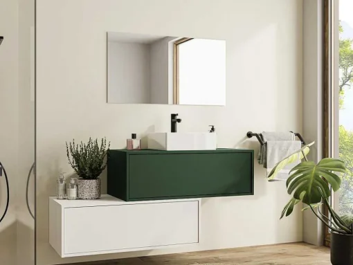 Móvel De Casa De Banho Suspenso Verde E Branco Lavatório Individual E Duas Gavetas 94 Cm - Teana Ii