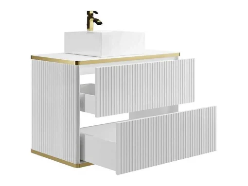 Móvel De Casa De Banho Suspenso Estriado Rebordo Dourado Com Lavatório De Pousar Branco 80 Cm - Keliza