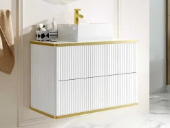 Móvel De Casa De Banho Suspenso Estriado Rebordo Dourado Com Lavatório De Pousar Branco 80 Cm - Keliza