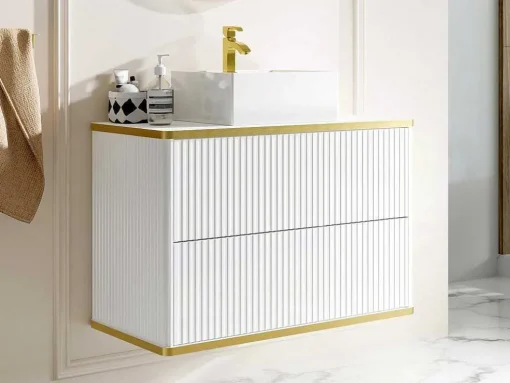 Móvel De Casa De Banho Suspenso Estriado Rebordo Dourado Com Lavatório De Pousar Branco 80 Cm - Keliza