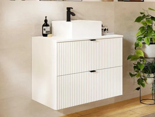 Móvel De Casa De Banho Suspenso Estriado Com Lavatório De Pousar Branco C80 Cm - Zevini