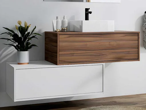 Móvel De Casa De Banho Suspenso Natural Escuro E Branco Com Lavatório Individual E Duas Gavetas 94 Cm - Teana Ii