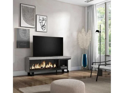 Móvel De Tv, 160, Para Televisores Ate 65", Lareira Electrica Xxl, Design Industrial, Cimento