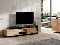 Móvel De Tv 2 Portas E 6 Nichos Com Leds Natural Claro E Antracite - Idesia