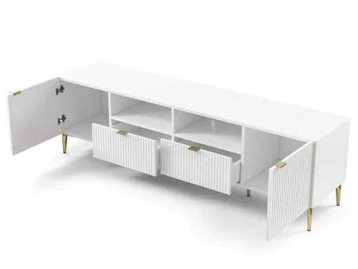 Móvel De Tv Com 2 Portas, 2 Gavetas E 2 Nichos Em Mdf E Aco Branco E Dourado - Yesinia