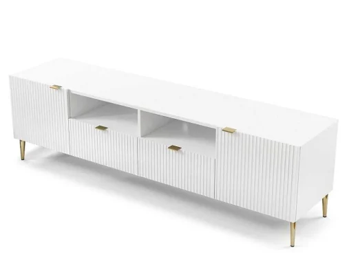 Móvel De Tv Com 2 Portas, 2 Gavetas E 2 Nichos Em Mdf E Aco Branco E Dourado - Yesinia