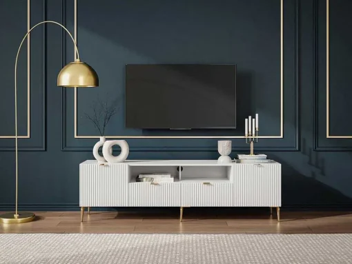 Móvel De Tv Com 2 Portas, 2 Gavetas E 2 Nichos Em Mdf E Aco Branco E Dourado - Yesinia