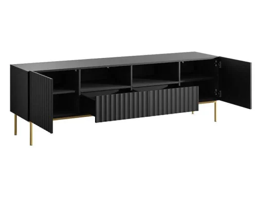 Móvel De Tv Com 2 Portas, 2 Gavetas E 2 Nichos Em Mdf E Aco Preto E Dourado - Evilana