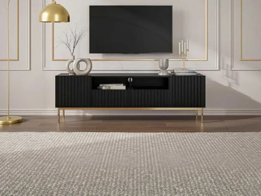 Móvel De Tv Com 2 Portas, 2 Gavetas E 2 Nichos Em Mdf E Aco Preto E Dourado - Evilana