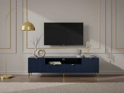 Móvel De Tv Com 2 Portas, 2 Portas E 2 Nichos Em Mdf E Aco, Azul E Durado - Yesinia