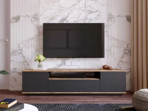 Móvel De Tv Com 3 Portas E 1 Nicho Antracite E Natural - Lotula