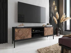 Móvel De Tv Com 2 Portas E 2 Nichos Preto E Natural Escuro - Mialine