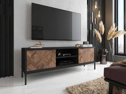 Móvel De Tv Com 2 Portas E 2 Nichos Preto E Natural Escuro - Mialine