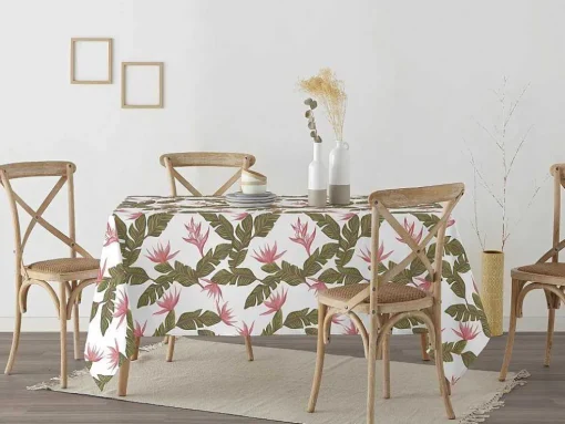 Nappe Anti-Taches 100% Coton 1 Piece Blanc A Motifs Vegetaux 300X140