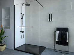 Painel De Duche Estilo Italiano Com Toalheiro 120 X 200 Cm Preto Mate Vidro Temperado - Kristen