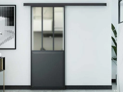 Porta De Correr Atelier Em Aplique Preto E Vidro Temperado Fosco, A205 X L73 Cm - Artisto