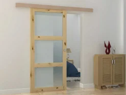 Porta De Correr Em Aplique Com 3 Vidros De A205 X C93 Cm Em Mdf Cor Madeira Natural - Acosta