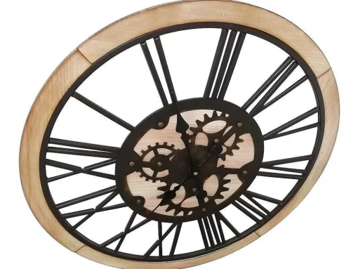 Relógio De Parede Rodas Dentadas Estilo Industrial Sligo - Metal E Mdf - D.60 Cm - Preto E Natural