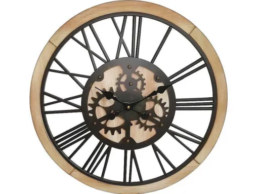 Relógio De Parede Rodas Dentadas Estilo Industrial Sligo - Metal E Mdf - D.60 Cm - Preto E Natural