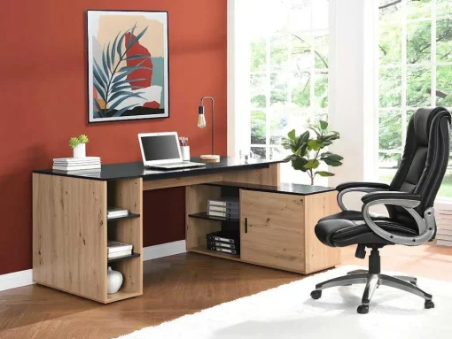 Secretária De Canto Com Espacos De Arrumação Mdf Natural E Preto - Romiara