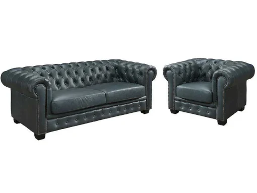 Sofá Chesterfield 3+1 Lugares Brenton 100% Pele De Bufalo Superior Cor Verde-Acinzentado