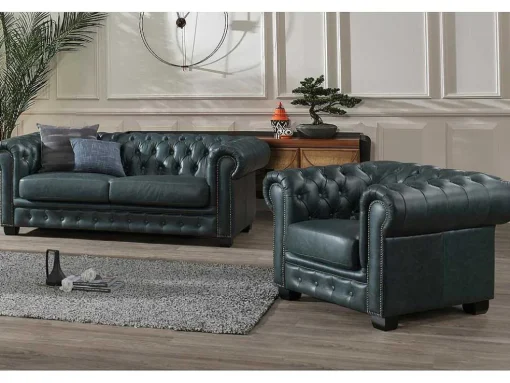 Sofá Chesterfield 3+1 Lugares Brenton 100% Pele De Bufalo Superior Cor Verde-Acinzentado