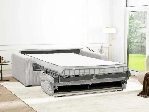 Sofá De 4 Lugares Convertivel Abertura Rapida Veludo Canelado Bege, Cama De Ripas Largas 160 Cm, Colchão De 18 Cm - Mondovi