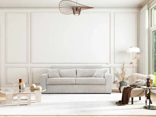 Sofá De 4 Lugares Convertivel Abertura Rapida Veludo Canelado Bege, Cama De Ripas Largas 160 Cm, Colchão De 18 Cm - Mondovi