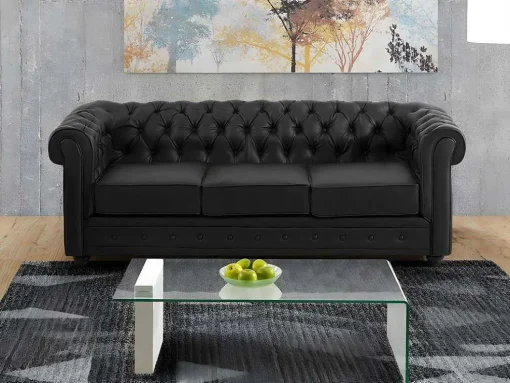 Sofá De 3 Lugares Em Pele Sintética Preto - Chesterfield