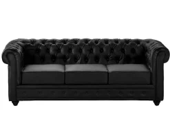 Sofá De 3 Lugares Em Pele Sintética Preto - Chesterfield