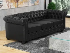 Sofá De 3 Lugares Em Pele Sintética Preto - Chesterfield