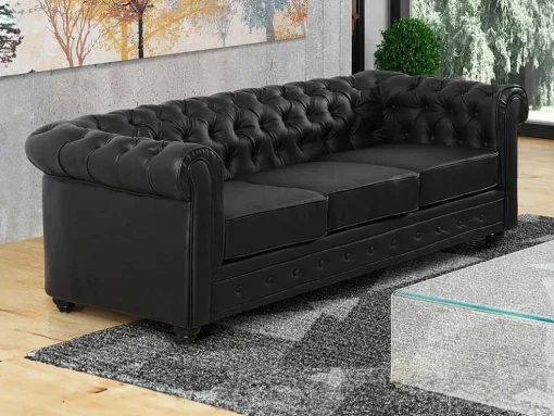 Sofá De 3 Lugares Em Pele Sintética Preto - Chesterfield