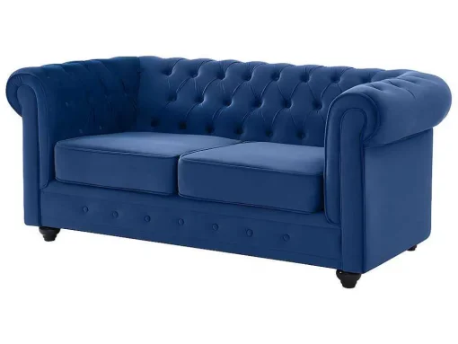 Sofá De 3+2 Lugares Em Veludo Cor Azul Real - Chesterfield