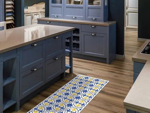 Tapete De Corredor Em Vinil Efeito Azulejo 66X160 Cm Azul E Amarelo - Florili