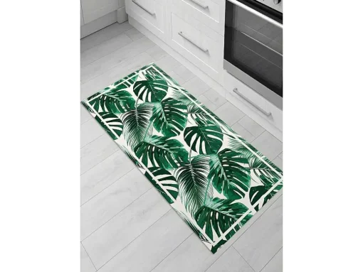 Tapete De Corredor Em Vinil Estilo Etnico Sierrana - 66X160 Cm - Verde E Branco