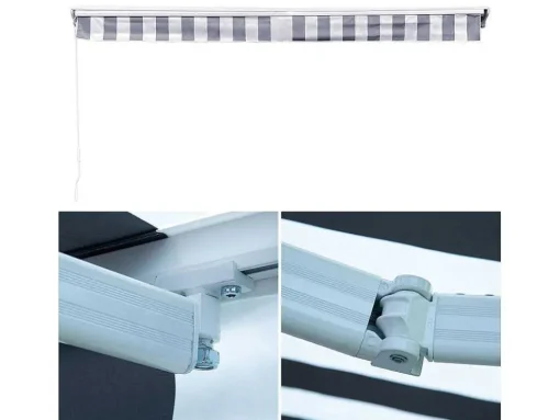 Toldo Saule 2,95 2,5M Com Semi-Canopia - Tecido Listrado Branco/Cinzento E Estrutura Branca
