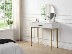 Toucador Com Espelho E Gaveta Mdf E Metal Lacado A Branco E Dourado - Vonali