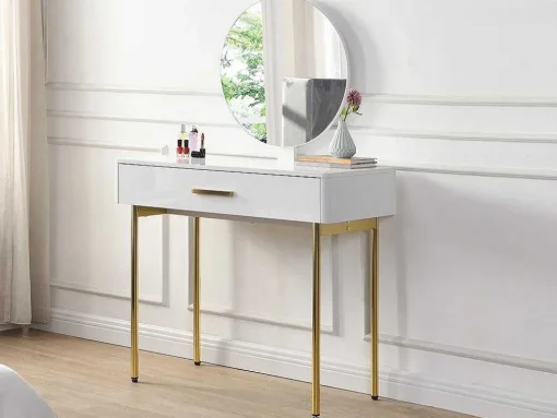 Toucador Com Espelho E Gaveta Mdf E Metal Lacado A Branco E Dourado - Vonali